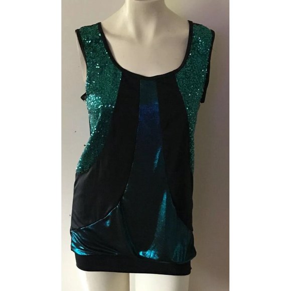 Weissman Dance Green/Black Sequined Dance Tank Top Blouse Wmns Sz Medium Adult - Picture 2 of 10